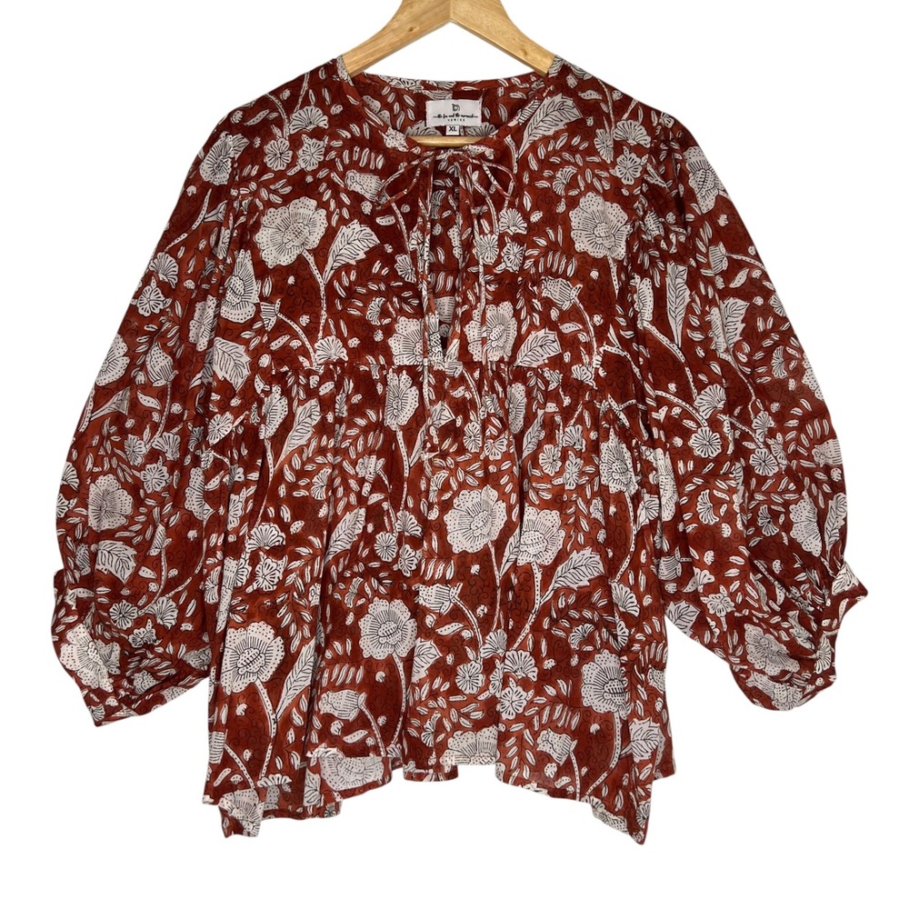 The Fox and The Mermaid Venice Terracota Floral Balloon Sleeve Peasant Blouse XL